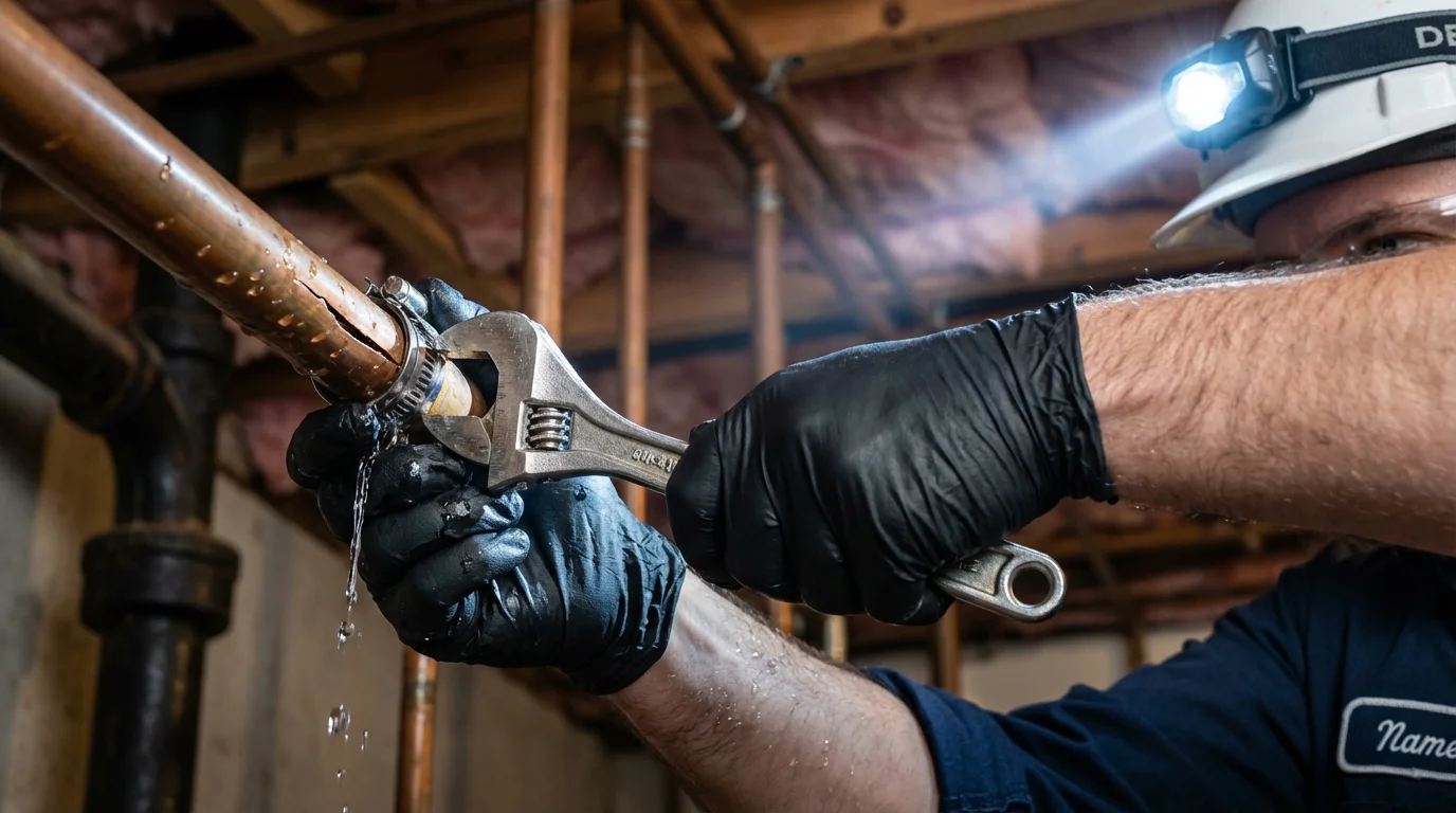 Emergency pipe clamp repair being performed by a Johns Plumbing LLC plumber in Chewelah