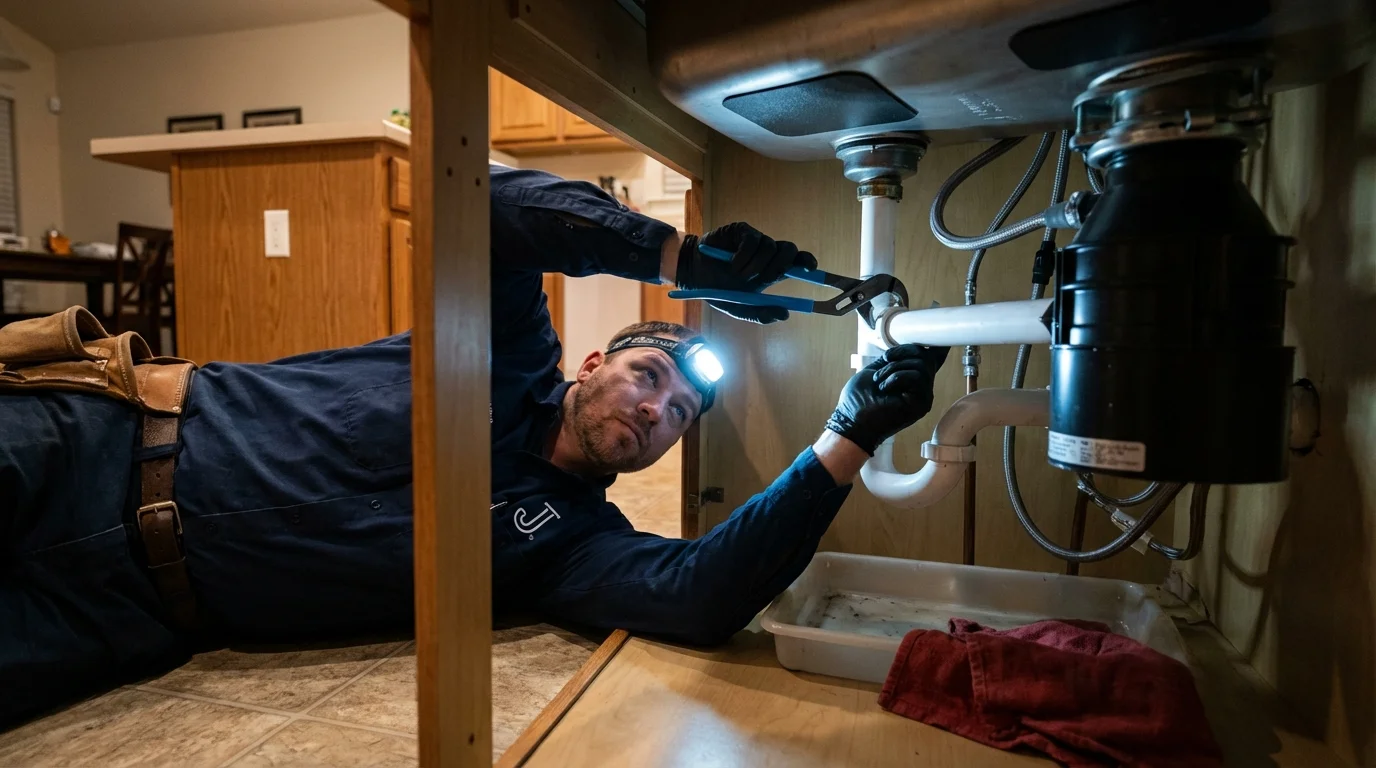 P-trap and supply line connections under a kitchen sink showing a common leak point in Chewelah, WA